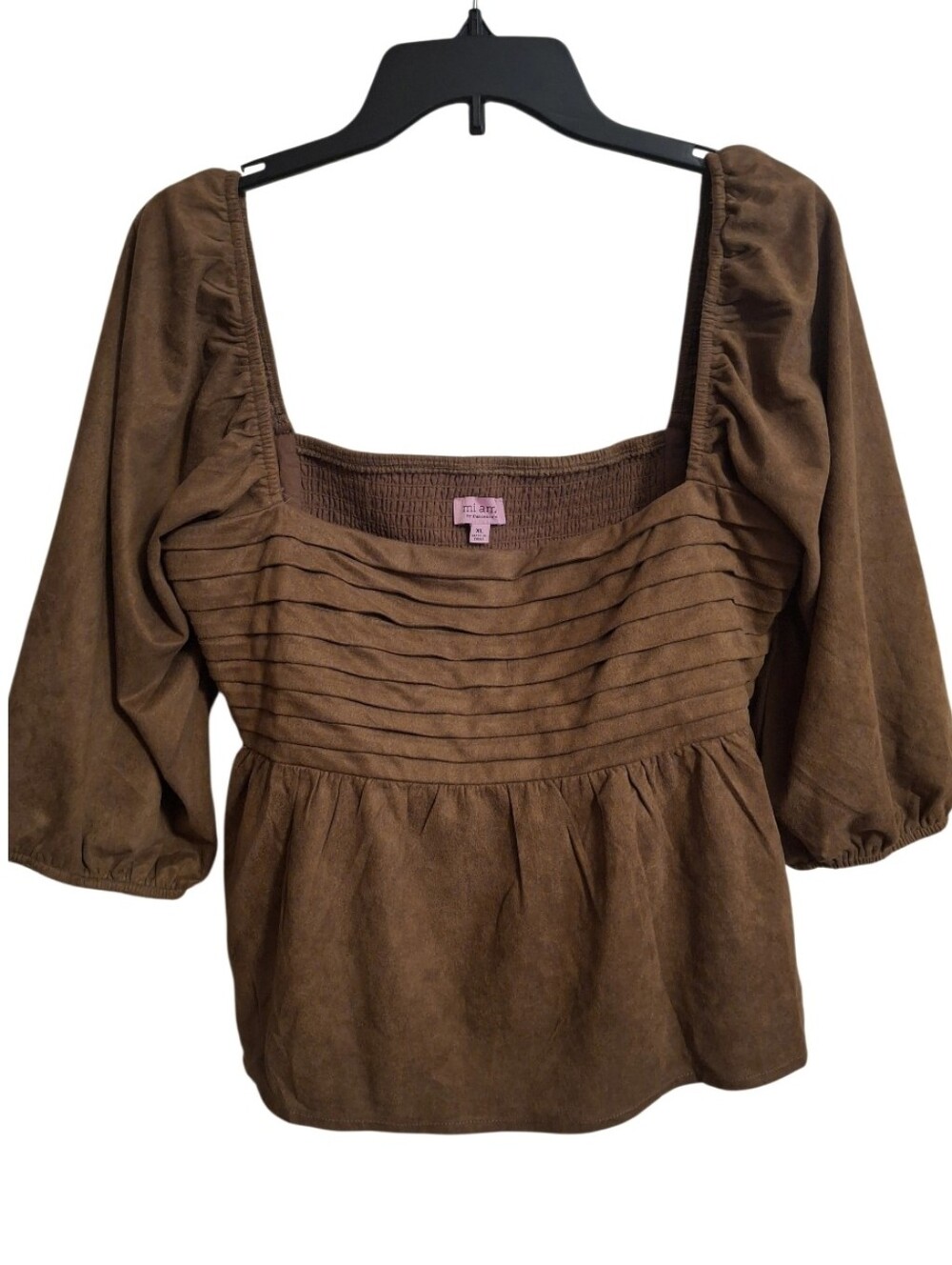 Mi Ami Chocolate Brown Pintuck Square-Neck Puff Sleeve Babydoll Top Size XL